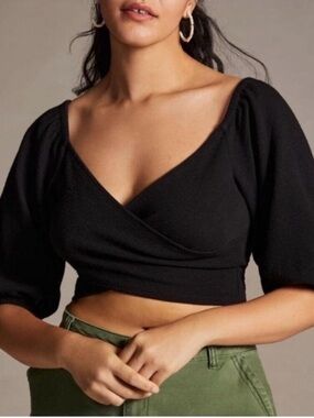 Anthropologie Maeve Black Wrap Crop Top with Puff Sleeves